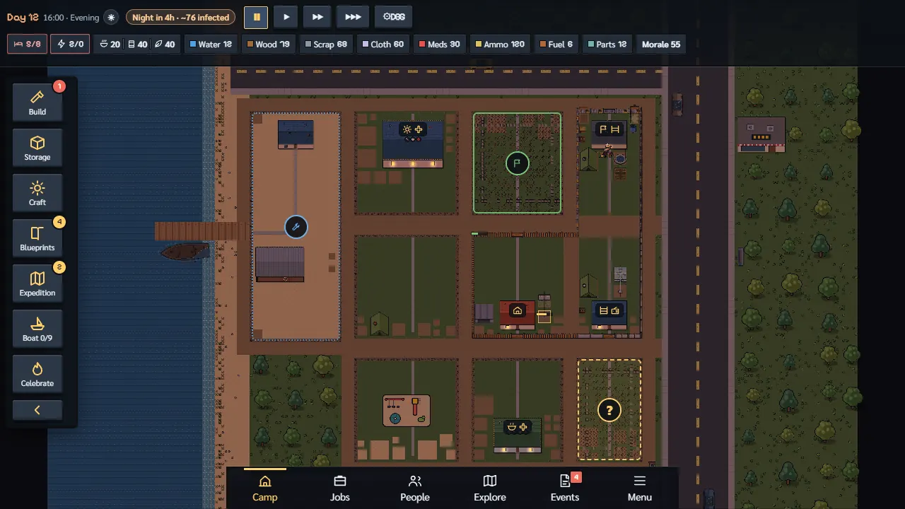 Last Camp: a top-down pixel-art survival village with fenced plots, houses and a road