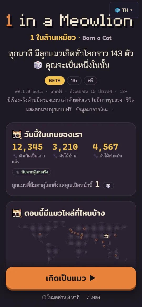 หน้าแรก: ปุ่มเกิดเป็นแมว ตัวเลขแมวเกิดทั่วโลก และแผนที่